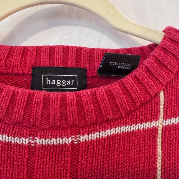 Haggar Men’s XL Cotton Crew Neck Sweater Red Tan Stripes - Picture 2 of 3